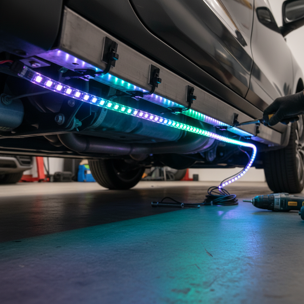 Close-up LED underglow strip installation detail