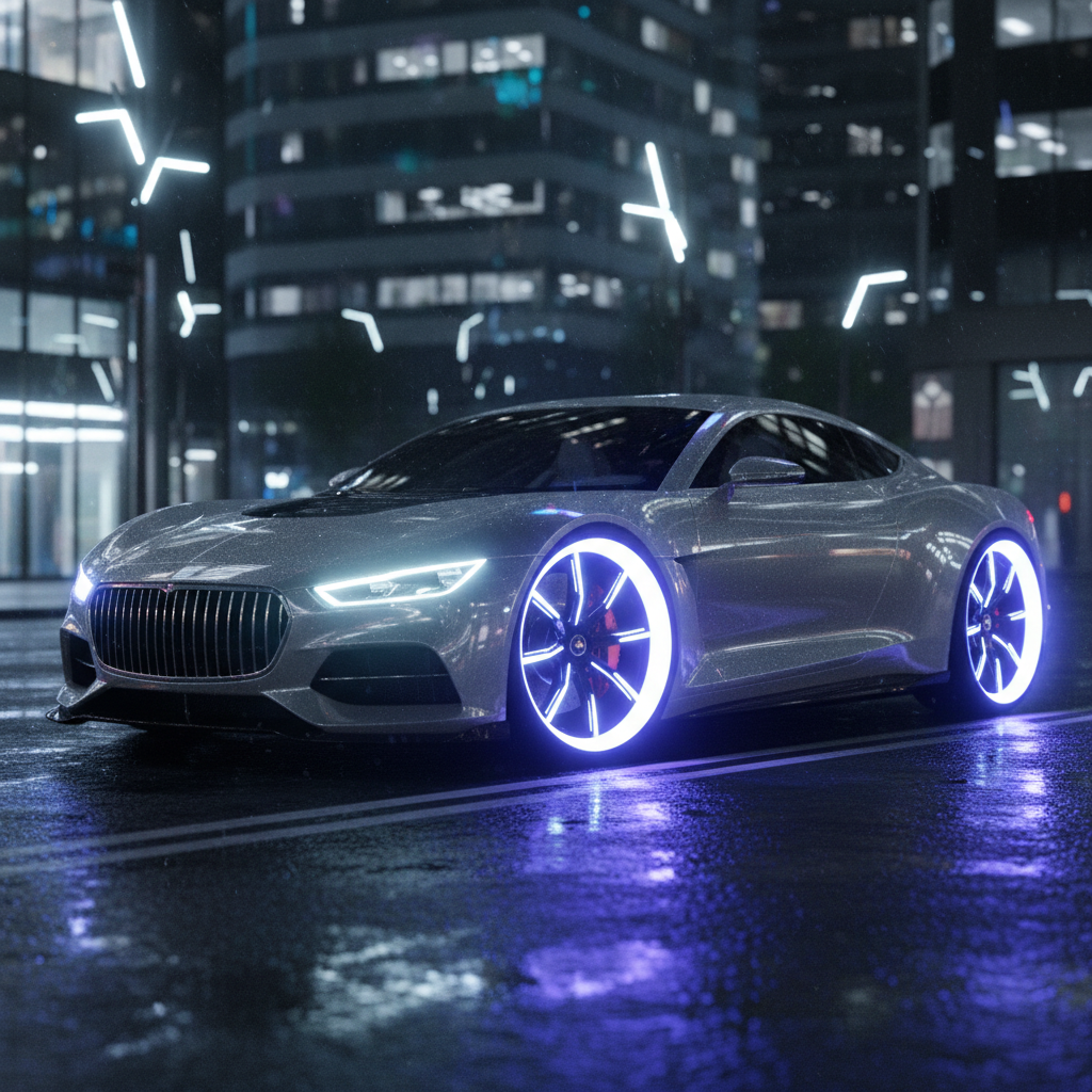 Car with LED wheel ring lights on all four wheels