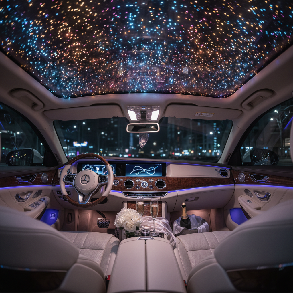 Car interior with fiber optic starlight ceiling at night