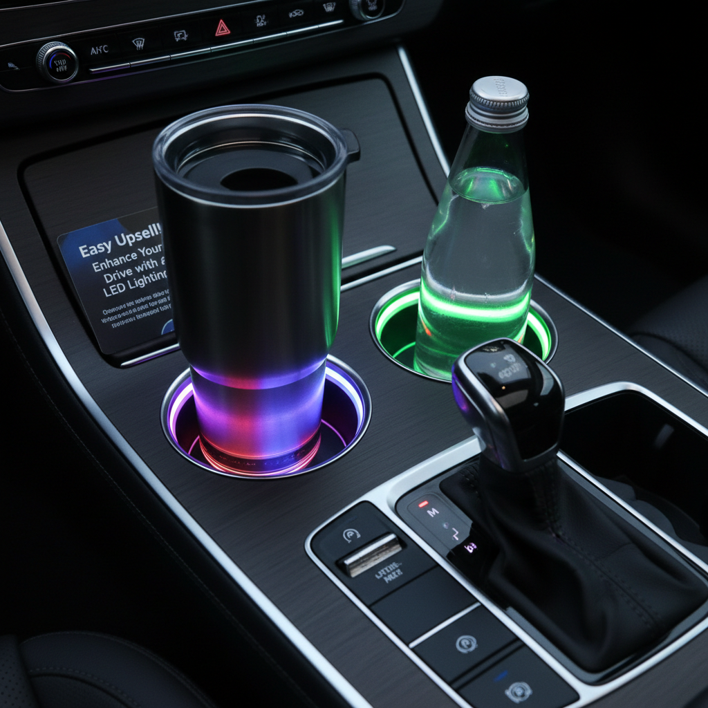 Wireless LED cup holder lights glowing in car