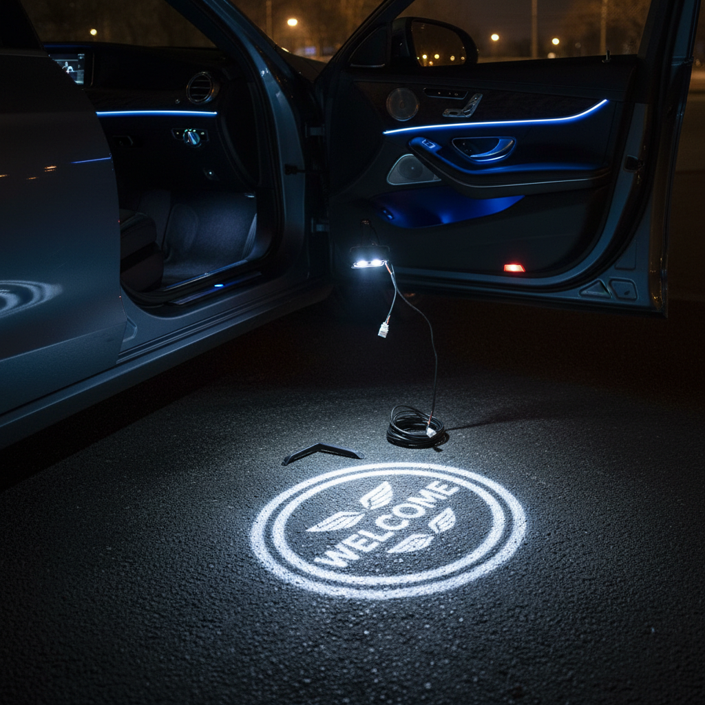 Car door open with LED puddle lights projecting logo