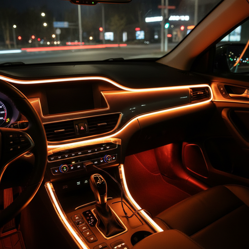 Car dashboard with RGB ambient strip at night