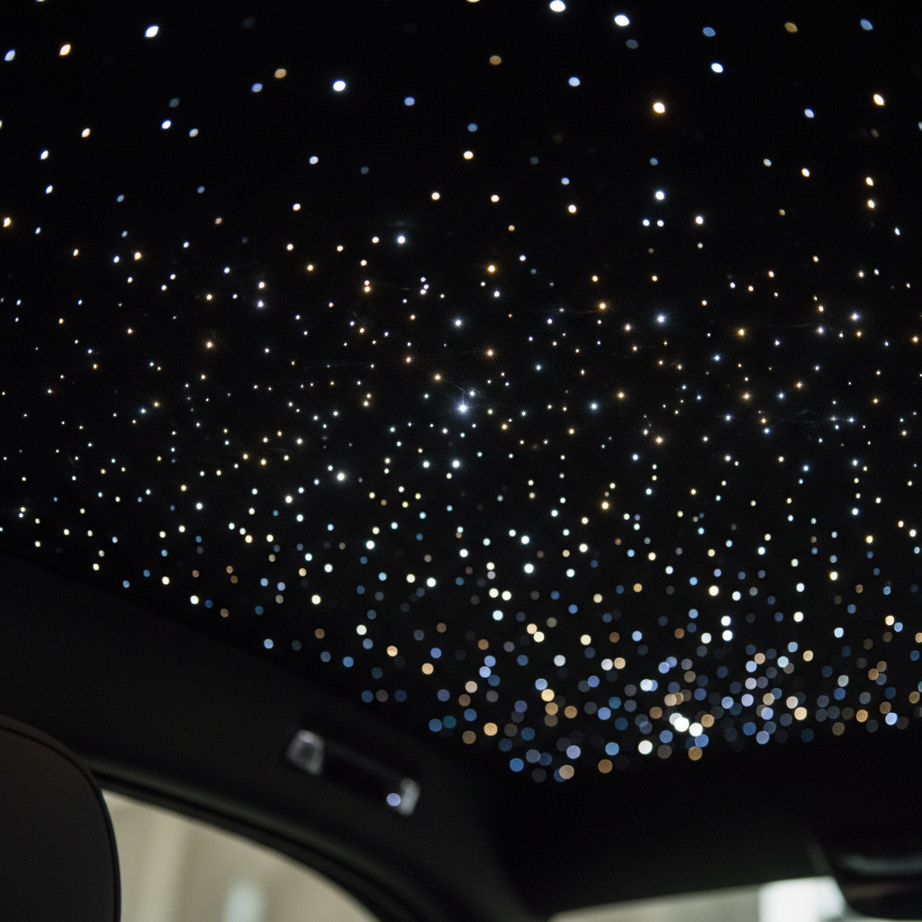 Close-up of twinkling fiber optic stars on car ceiling