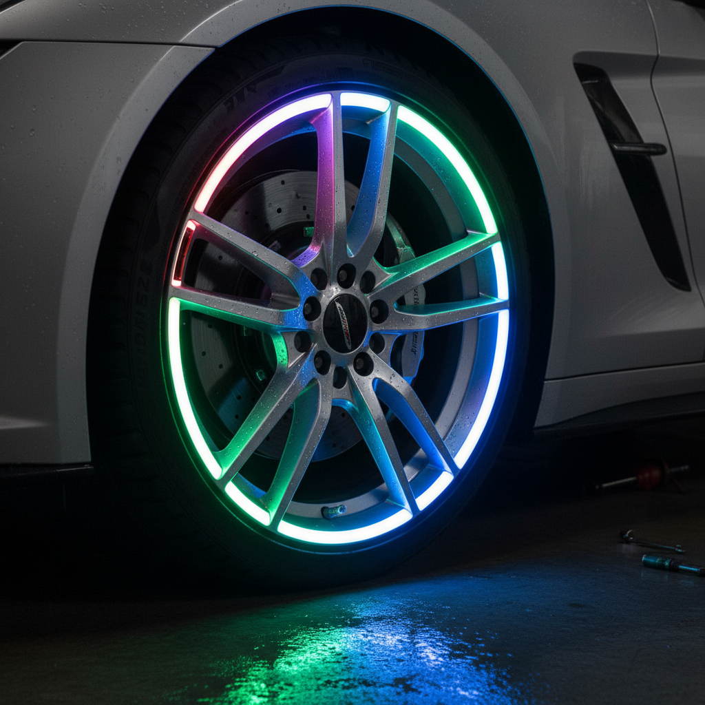 Close-up of LED wheel ring light on car wheel