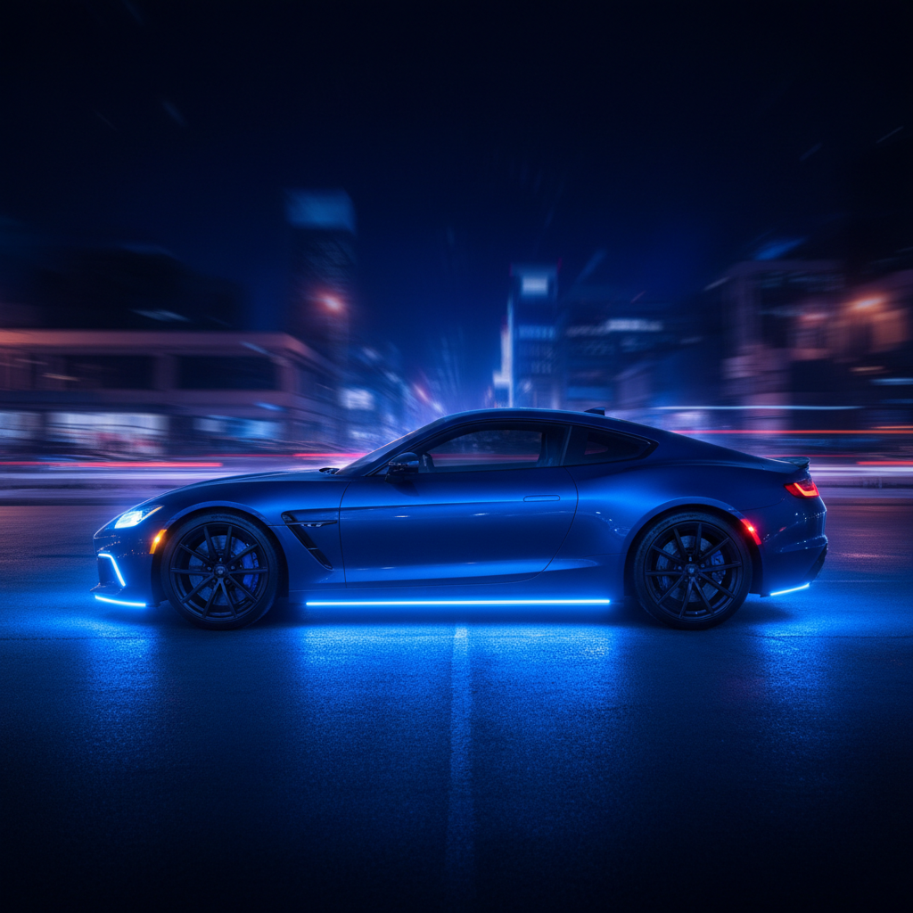Sports car with blue LED underglow at night