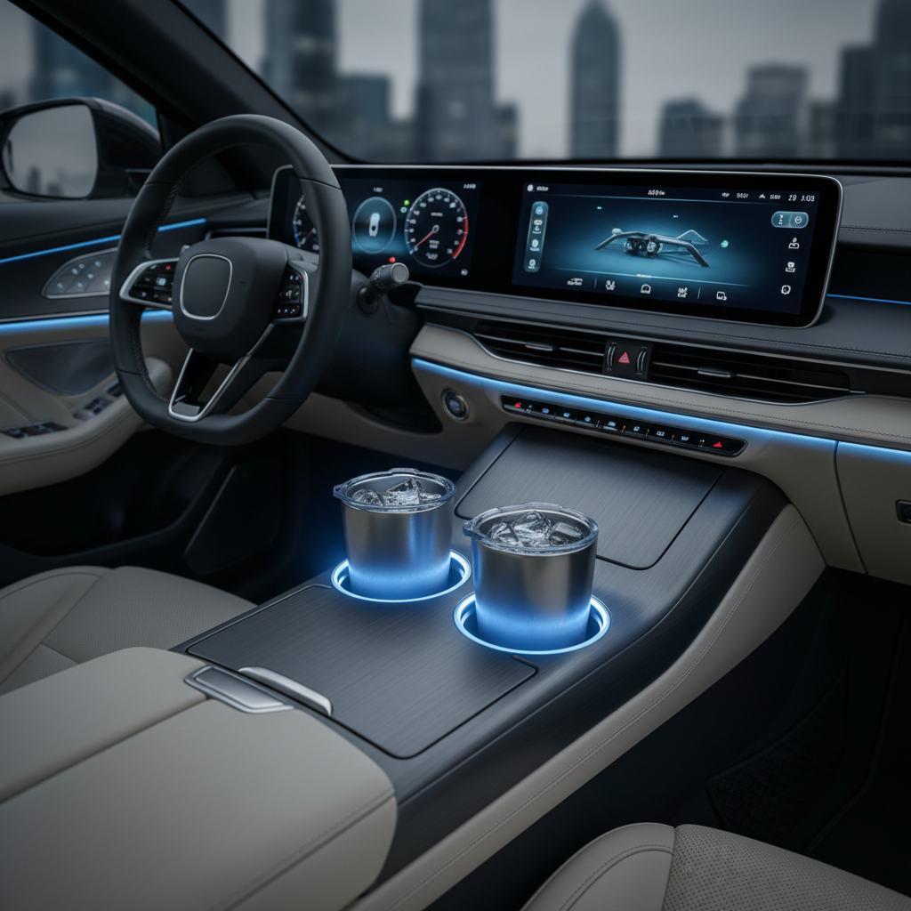 Car interior with LED cup holder lights creating ambiance