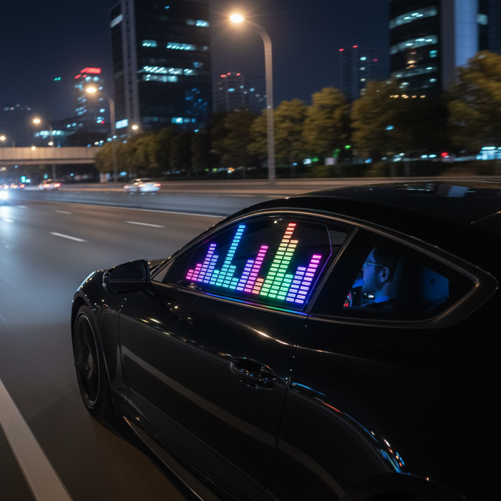 Car with LED sticker music visualizer at night